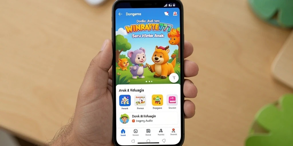 Tampilan antarmuka WINRATE777 yang ramah anak untuk mendengarkan dongeng.