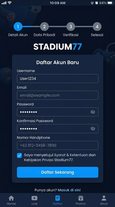 Tampilan halaman daftar stadium77
